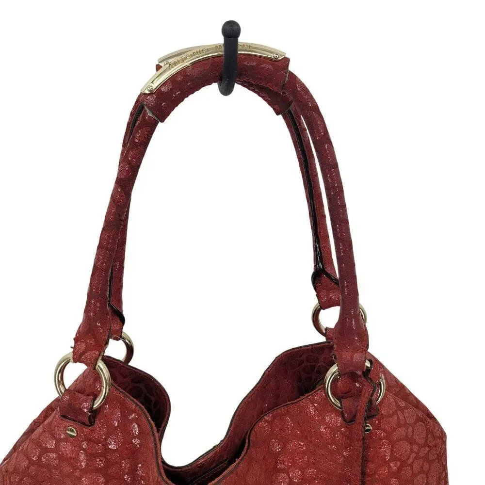Antonio Melani Red Pebble Textured Leather Hobo Satchel Shoulder Bag Gold Accent